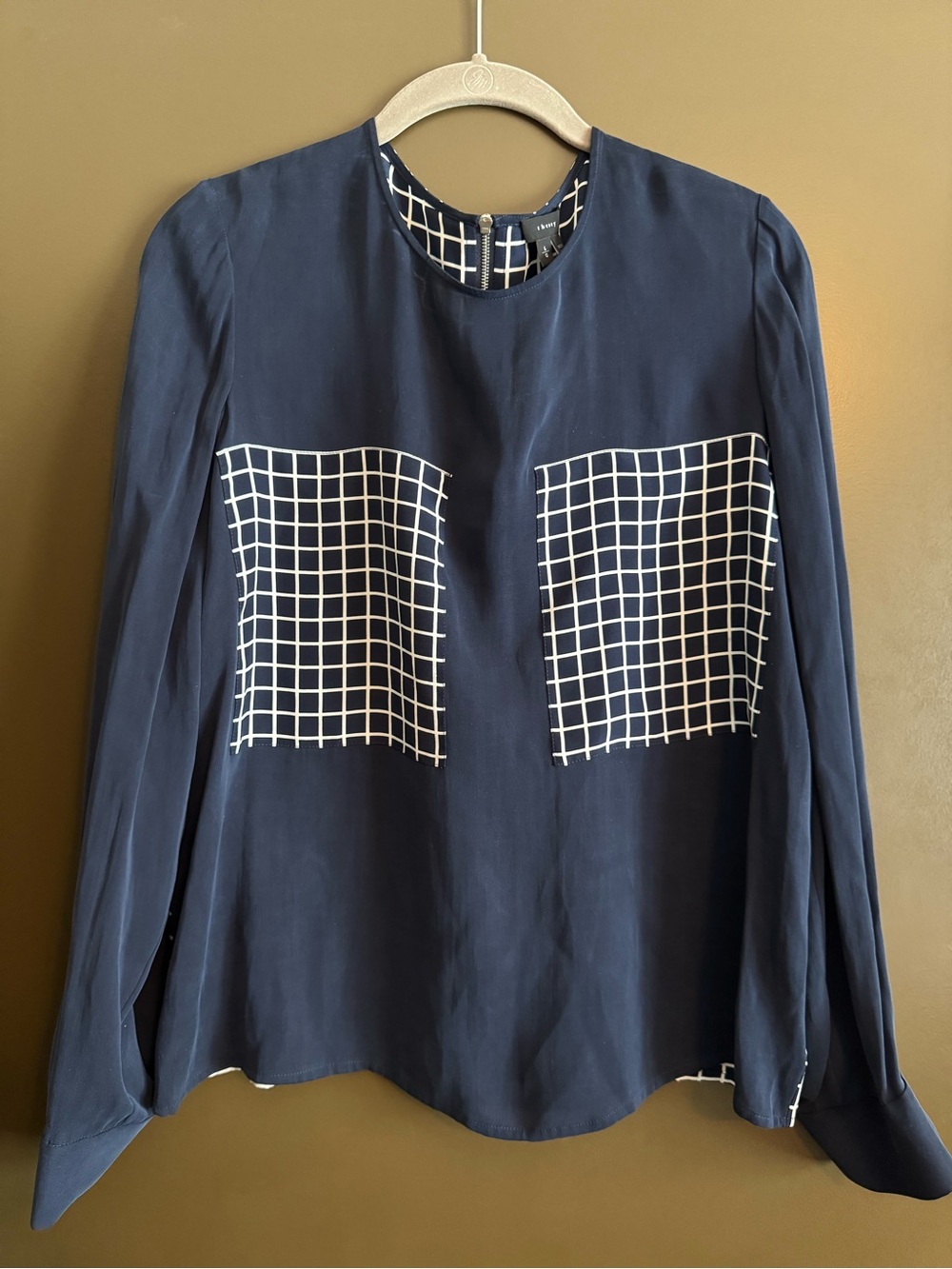 NWT Theory Navy Blouse with White Grid Panels